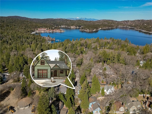 229 Maple Dr, Lake Arrowhead, CA 92352 - aerial view of property and surrounding area with a heavily wooded area and a large body of water