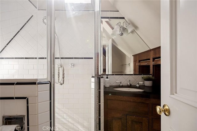 229 Maple Dr, Lake Arrowhead, CA 92352 - bathroom with decorative backsplash, a stall shower, and vanity