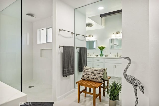 28919 Palisades Dr, Lake Arrowhead, CA 92352 - bathroom featuring double vanity, a sink, and walk in shower