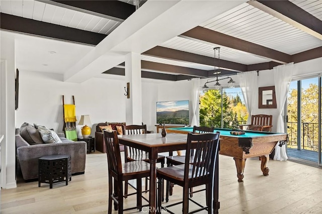 28919 Palisades Dr, Lake Arrowhead, CA 92352 - dining space featuring light wood-type flooring, pool table, beam ceiling, and wood ceiling