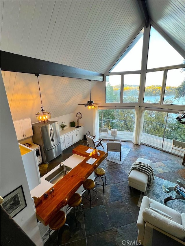 28919 Palisades Dr, Lake Arrowhead, CA 92352 - interior space with a sink and beam ceiling