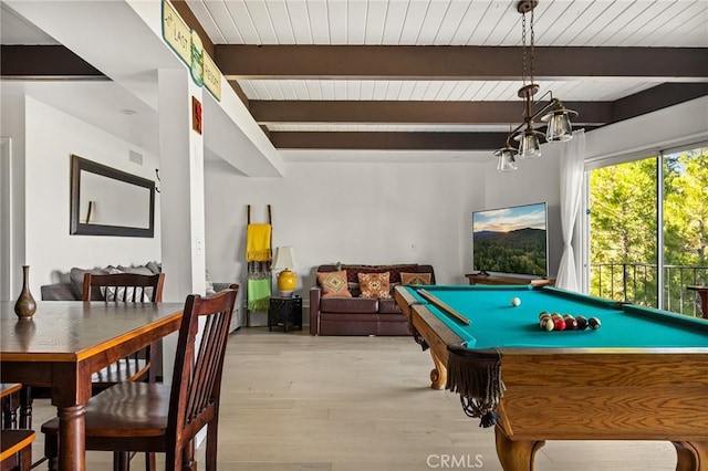 28919 Palisades Dr, Lake Arrowhead, CA 92352 - recreation room with beamed ceiling, billiards, light wood-style floors, and an inviting chandelier