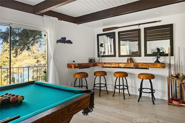 28919 Palisades Dr, Lake Arrowhead, CA 92352 - playroom with wood finished floors, beamed ceiling, and pool table