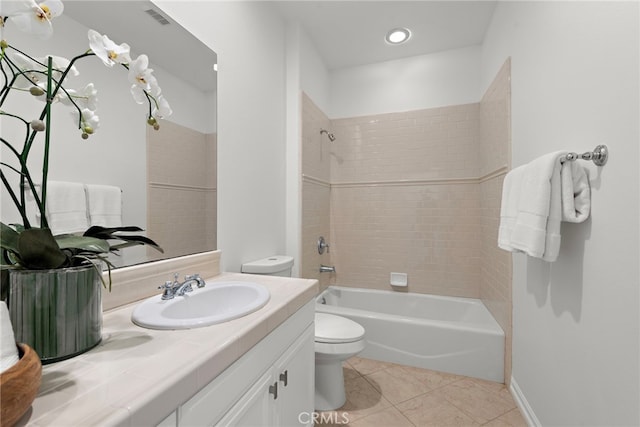 full bath with vanity, toilet, visible vents, tile patterned flooring, and  shower combination