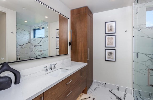 5170 Carlsbad Blvd, Carlsbad, CA 92008 - full bath with a marble finish shower, vanity, marble tiled floors, and recessed lighting