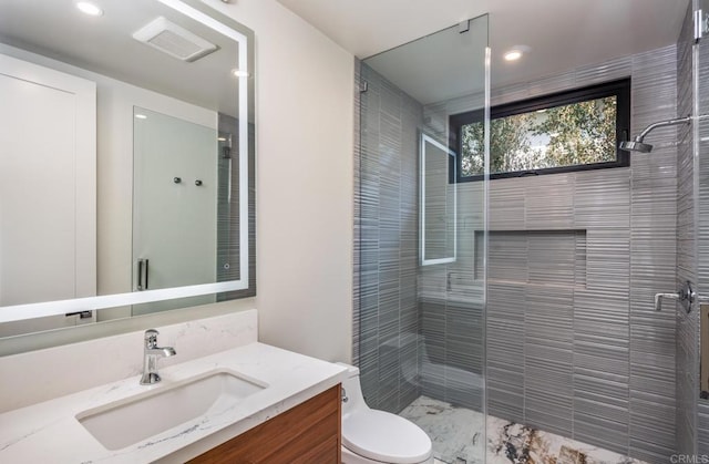 5170 Carlsbad Blvd, Carlsbad, CA 92008 - bathroom with vanity, toilet, a shower stall, marble finish flooring, and recessed lighting
