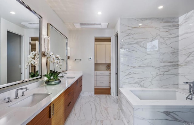 5170 Carlsbad Blvd, Carlsbad, CA 92008 - full bathroom featuring double vanity, marble finish floors, a garden tub, and recessed lighting