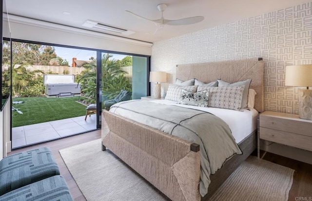 5170 Carlsbad Blvd, Carlsbad, CA 92008 - bedroom featuring access to outside, wood finished floors, a ceiling fan, and wallpapered walls