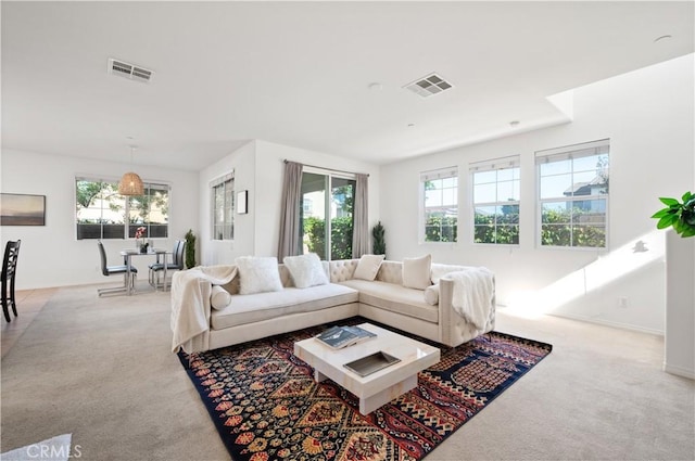 carpeted living area with visible vents, baseboards, and a healthy amount of sunlight