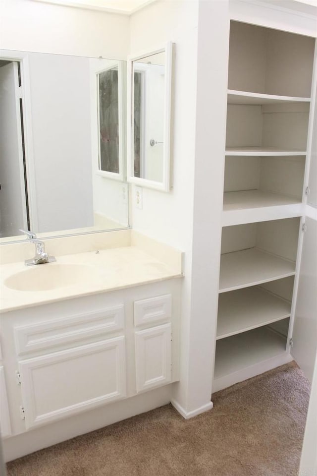bathroom with carpet and vanity