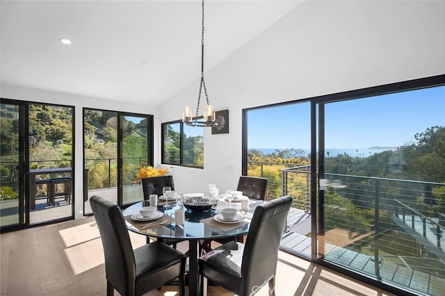 990 Meadowlark Dr, Laguna Beach, CA 92651 - dining room with a chandelier, wood finished floors, high vaulted ceiling, and recessed lighting