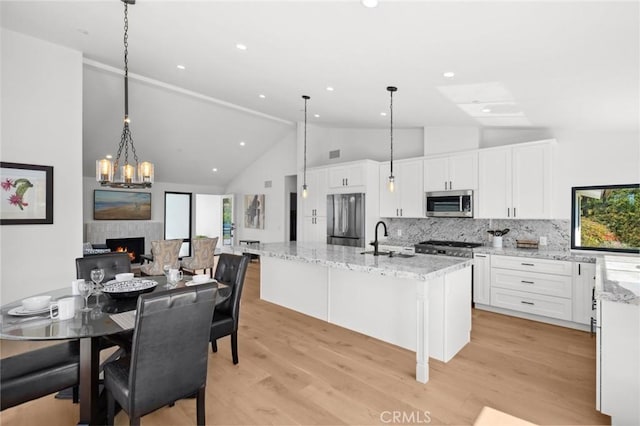 990 Meadowlark Dr, Laguna Beach, CA 92651 - kitchen featuring stainless steel appliances, a lit fireplace, a sink, and light stone counters