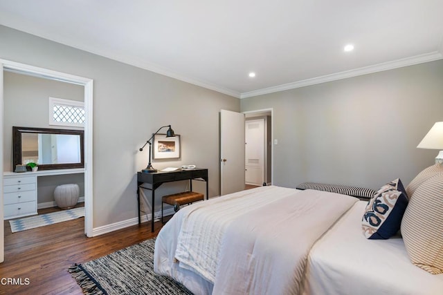 bedroom featuring crown molding, baseboards, recessed lighting, and wood finished floors