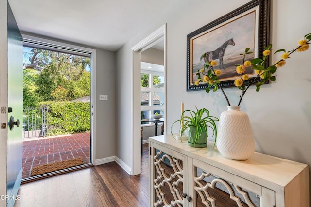 doorway to outside with baseboards and dark wood-style floors