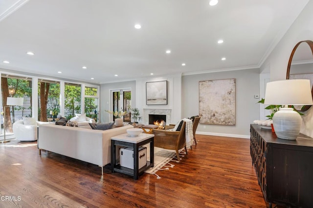 living area with ornamental molding, recessed lighting, dark wood-style flooring, a high end fireplace, and baseboards
