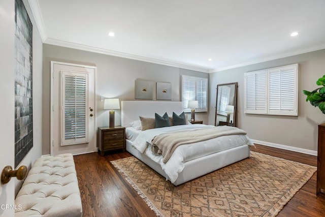 bedroom featuring recessed lighting, dark wood-style floors, baseboards, and ornamental molding