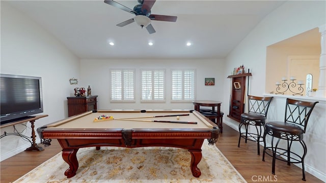 recreation room featuring recessed lighting, lofted ceiling, ceiling fan, and wood finished floors