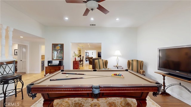 recreation room with recessed lighting, visible vents, billiards, and ceiling fan
