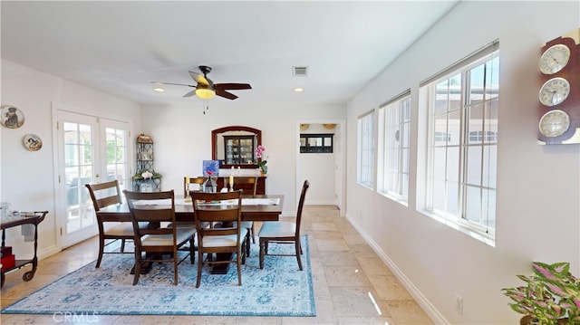 dining area with visible vents, baseboards, ceiling fan, recessed lighting, and french doors