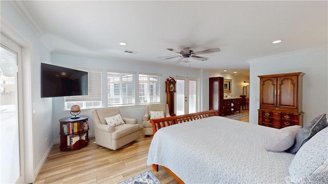 bedroom with light wood finished floors, ornamental molding, visible vents, and recessed lighting