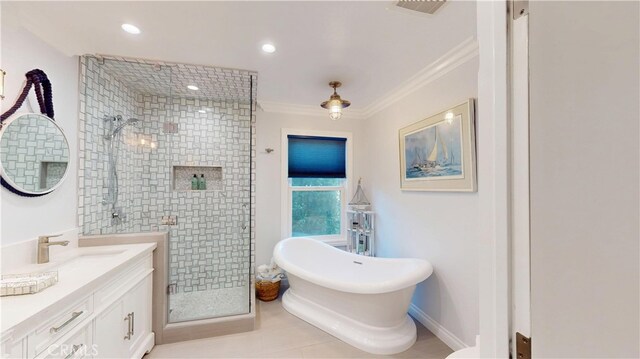 full bath with a stall shower, a soaking tub, vanity, and crown molding