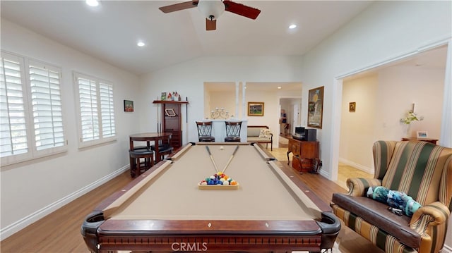 game room featuring pool table, light wood-style flooring, a ceiling fan, vaulted ceiling, and recessed lighting