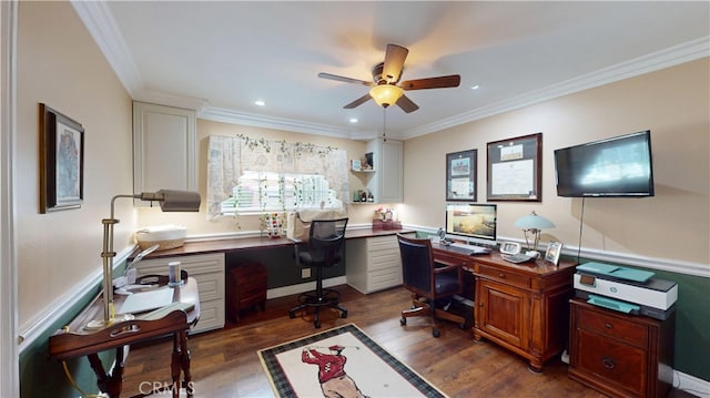 office featuring crown molding, ceiling fan, recessed lighting, and dark wood finished floors