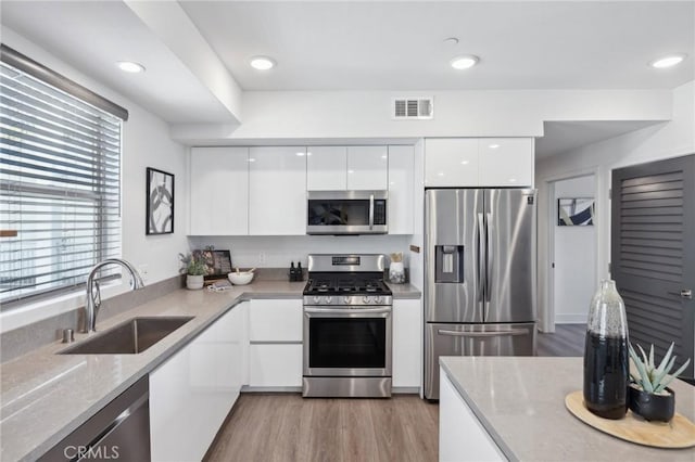 kitchen with appliances with stainless steel finishes, a sink, white cabinetry, visible vents, and modern cabinets