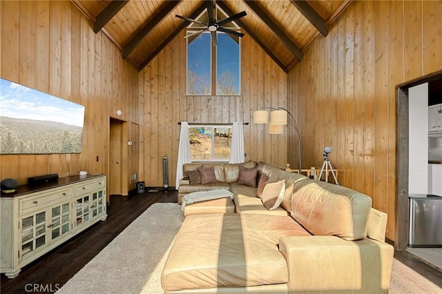 27994 W Shore Rd, Lake Arrowhead, CA 92352 - living room with wood ceiling with exposed beams, wood walls, a ceiling fan, high vaulted ceiling, and wood finished floors