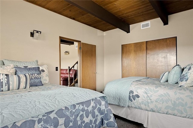27994 W Shore Rd, Lake Arrowhead, CA 92352 - bedroom with wood ceiling with exposed beams and a closet