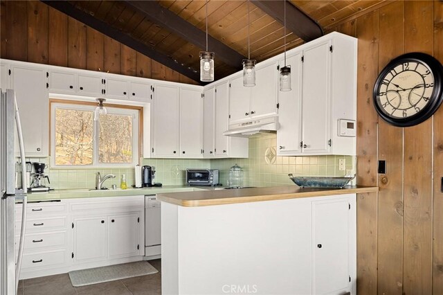 27994 W Shore Rd, Lake Arrowhead, CA 92352 - kitchen featuring wooden ceiling, decorative backsplash, under cabinet range hood, a sink, and white cabinets