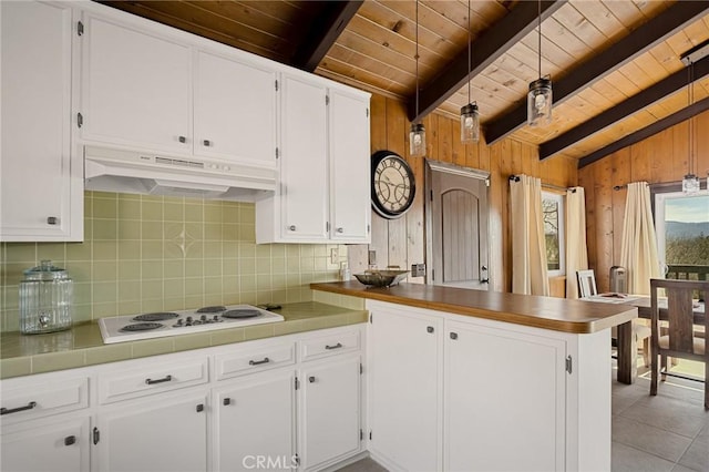 27994 W Shore Rd, Lake Arrowhead, CA 92352 - kitchen featuring wood ceiling, under cabinet range hood, white cabinets, tasteful backsplash, and a peninsula