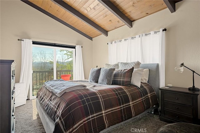 27994 W Shore Rd, Lake Arrowhead, CA 92352 - bedroom featuring carpet, wood ceiling, and access to exterior