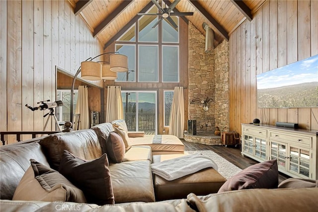 27994 W Shore Rd, Lake Arrowhead, CA 92352 - living area with wood ceiling with exposed beams, wood-type flooring, wooden walls, high vaulted ceiling, and ceiling fan