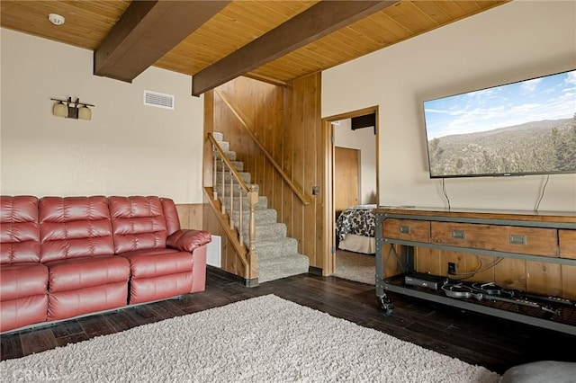 27994 W Shore Rd, Lake Arrowhead, CA 92352 - living room featuring wooden walls, stairs, wood ceiling with exposed beams, and wood finished floors