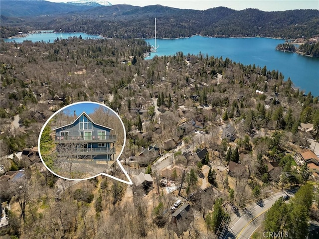 27994 W Shore Rd, Lake Arrowhead, CA 92352 - bird's eye view of a water and mountain view and a heavily wooded area