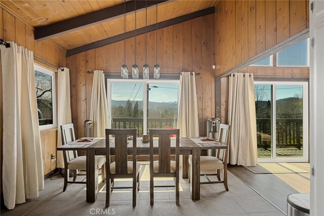 27994 W Shore Rd, Lake Arrowhead, CA 92352 - tiled dining space with wood walls, wooden ceiling, and a mountain view