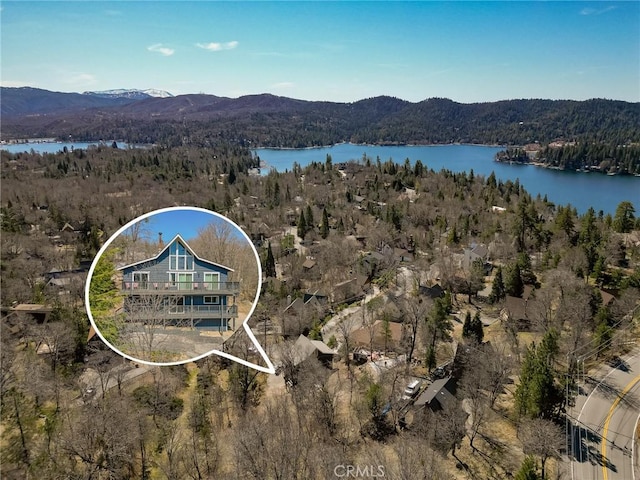 27994 W Shore Rd, Lake Arrowhead, CA 92352 - aerial view of property and surrounding area with a heavily wooded area and a water and mountain view