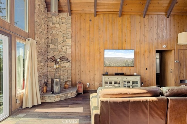 27994 W Shore Rd, Lake Arrowhead, CA 92352 - living area featuring wood ceiling with exposed beams, plenty of natural light, wood finished floors, and wooden walls