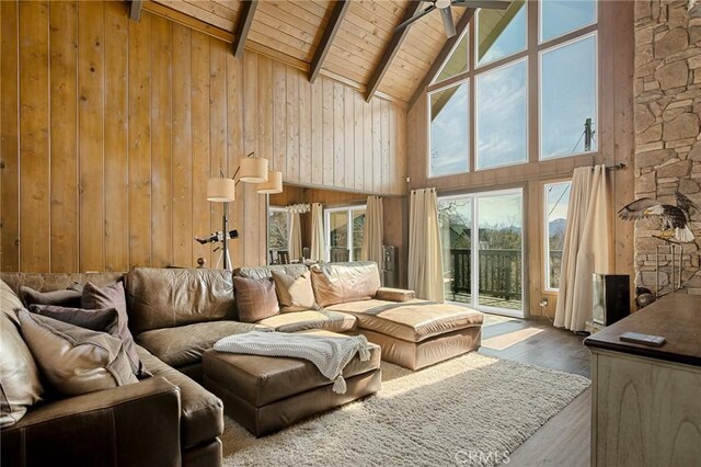 27994 W Shore Rd, Lake Arrowhead, CA 92352 - living room featuring high vaulted ceiling, wood ceiling with exposed beams, a ceiling fan, hardwood / wood-style floors, and wood walls