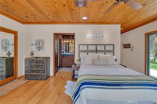 bedroom with visible vents, crown molding, wooden ceiling, recessed lighting, and hardwood / wood-style floors