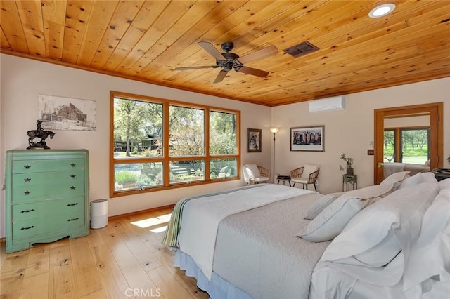 bedroom with wood ceiling, ornamental molding, a wall mounted AC, and multiple windows