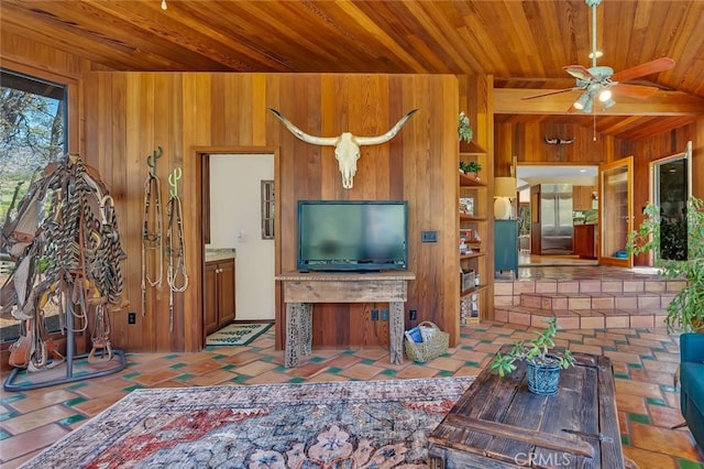 living room with ceiling fan, wooden walls, and wooden ceiling