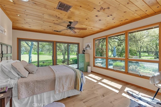 bedroom with wooden ceiling, visible vents, ornamental molding, and light wood finished floors
