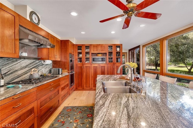 kitchen featuring appliances with stainless steel finishes, a sink, under cabinet range hood, recessed lighting, and light wood-style flooring