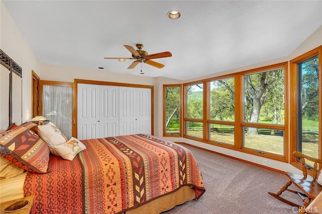 carpeted bedroom featuring a ceiling fan and recessed lighting