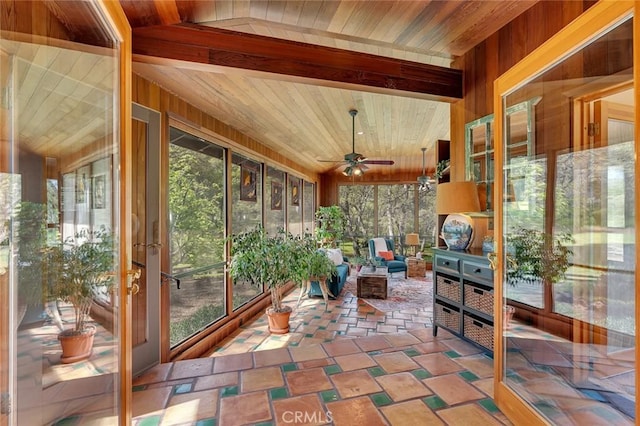 sunroom with plenty of natural light, a ceiling fan, wood ceiling, and wood walls