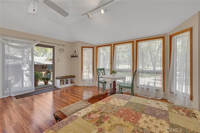 bedroom featuring rail lighting, access to exterior, baseboards, wood finished floors, and lofted ceiling