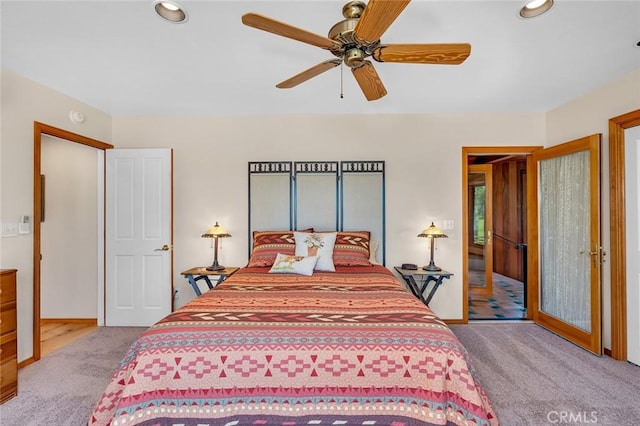 bedroom featuring recessed lighting, a ceiling fan, and carpet