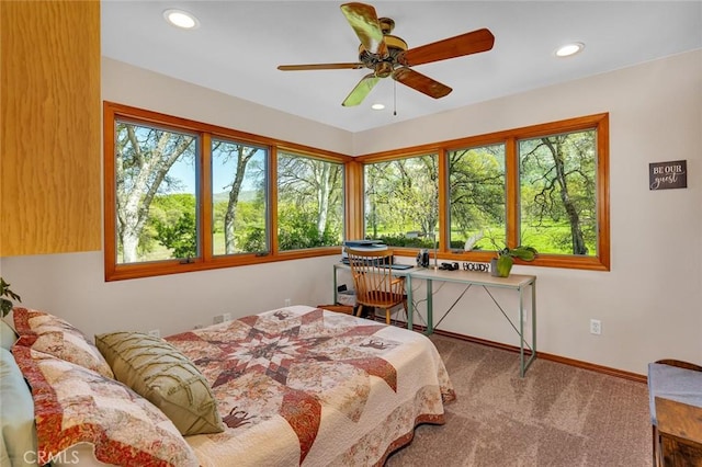 bedroom featuring carpet flooring, recessed lighting, baseboards, and ceiling fan